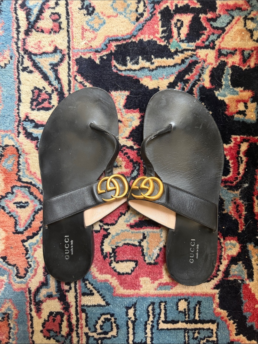 Gucci Black Leather Sandal with Gold Double G Logo
